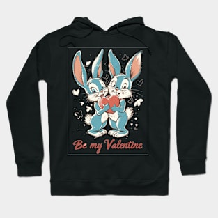 Be My Valentine: Classic Retro American Cartoon - Blue, Red, Cream Bunny Heart Hoodie